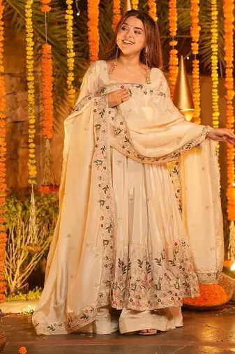 Off white silk embroidered Anarkali suit
