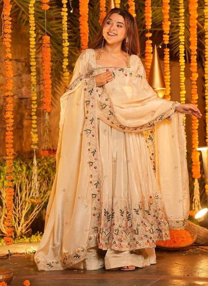 Off white silk embroidered Anarkali suit