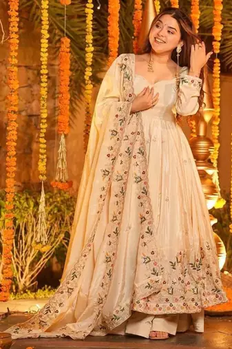 Off white silk embroidered Anarkali suit
