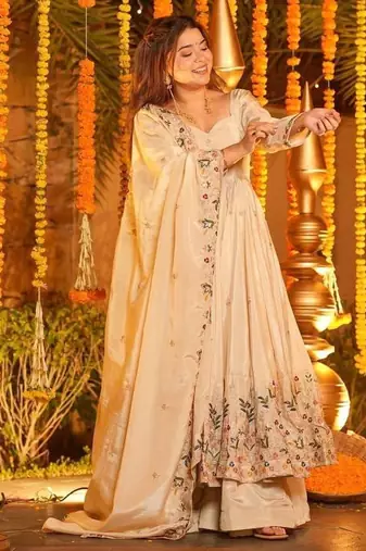 Off white silk embroidered Anarkali suit