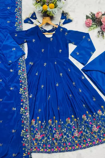 Blue silk embroidered Anarkali suit