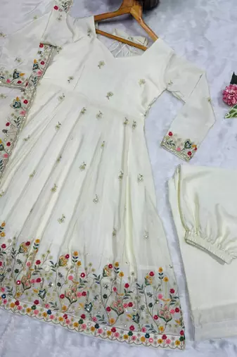 Off white silk embroidered Anarkali suit