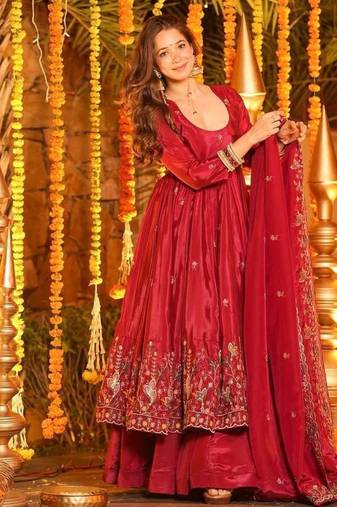 Red silk embroidered Anarkali suit