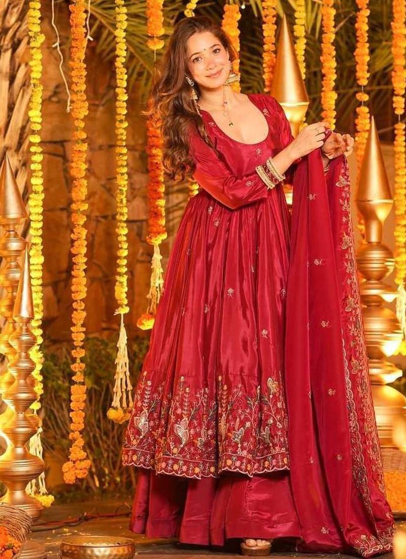 Red silk embroidered Anarkali suit