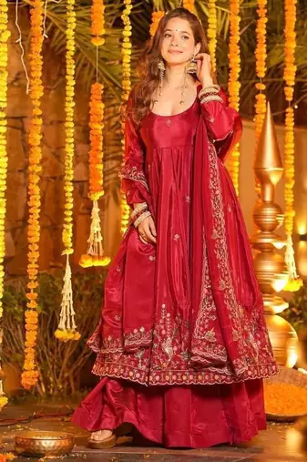 Red silk embroidered Anarkali suit
