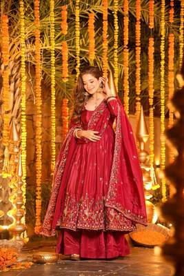 Red silk embroidered Anarkali suit 3