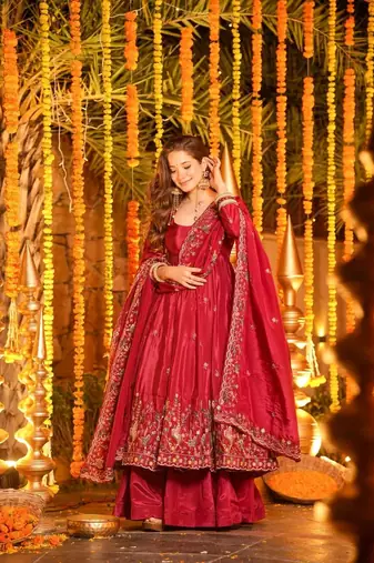 Red silk embroidered Anarkali suit