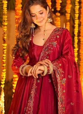 Red silk embroidered Anarkali suit 4