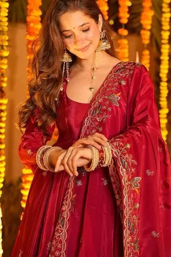 Red silk embroidered Anarkali suit