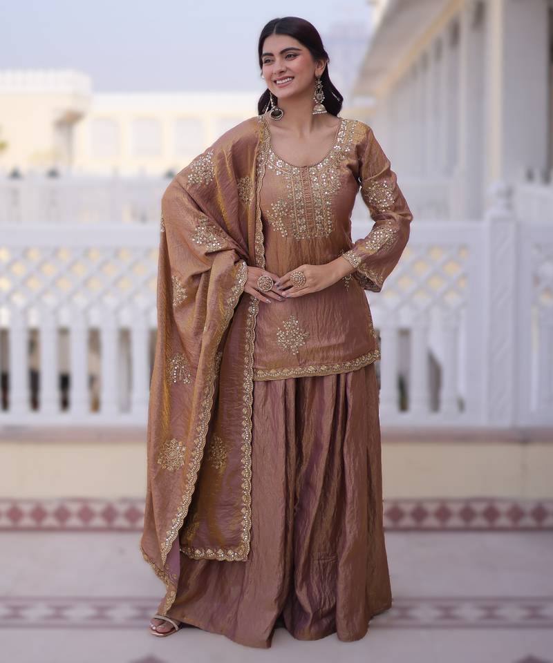 Peach velvet embroidered top pant and dupatta