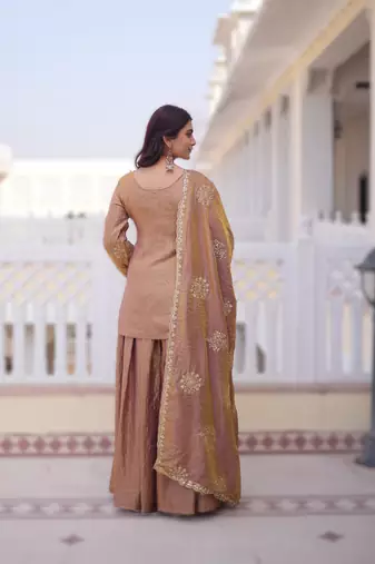peach velvet embroidered top pant and dupatta