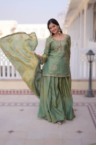 Parrot green velvet embroidered top pant and dupatta