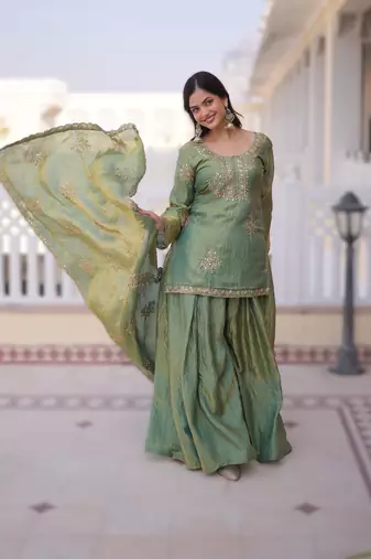 Parrot green velvet embroidered top pant and dupatta