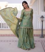 Parrot green velvet embroidered top pant and dupatta