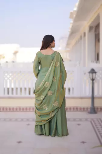 Parrot green velvet embroidered top pant and dupatta
