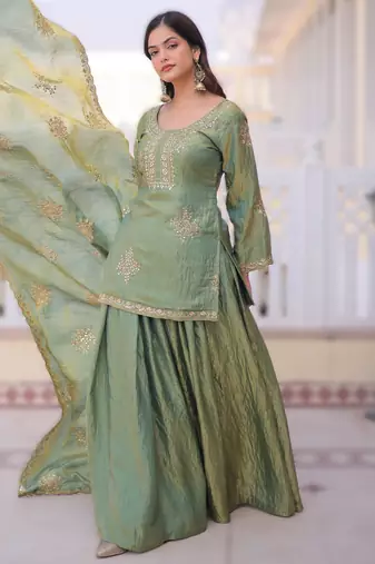 Parrot green velvet embroidered top pant and dupatta