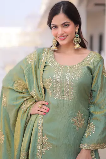 Parrot green velvet embroidered top pant and dupatta