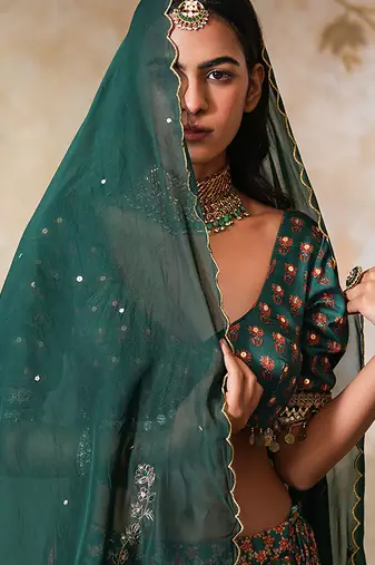 Green Printed Crepe Lehenga Set