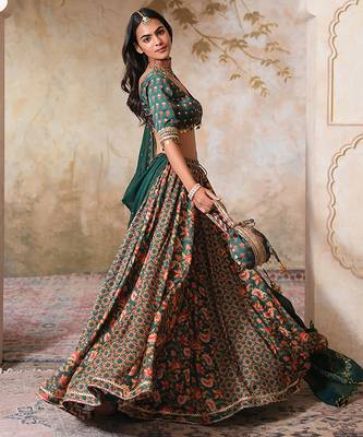Green Printed Crepe Lehenga Set 4