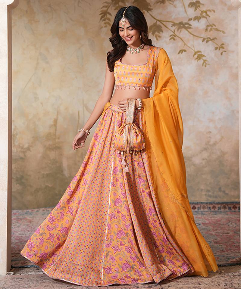 Yellow Printed Crepe Lehenga Set