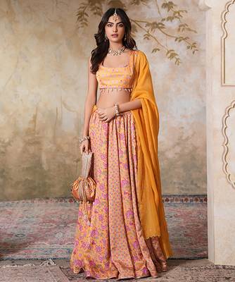 Yellow Printed Crepe Lehenga Set 3