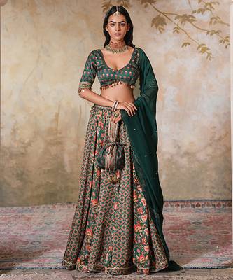 Green Printed Crepe Lehenga With Dupatta 1
