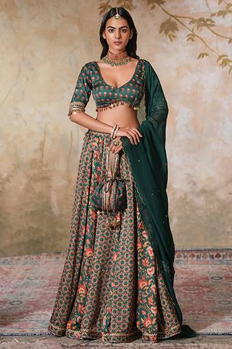 Green Printed Crepe Lehenga With Dupatta