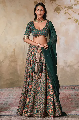 Green Printed Crepe Lehenga With Dupatta