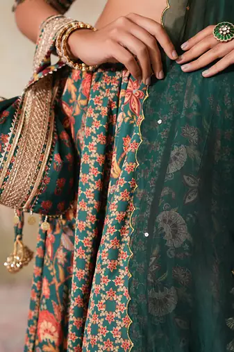 Green Printed Crepe Lehenga With Dupatta