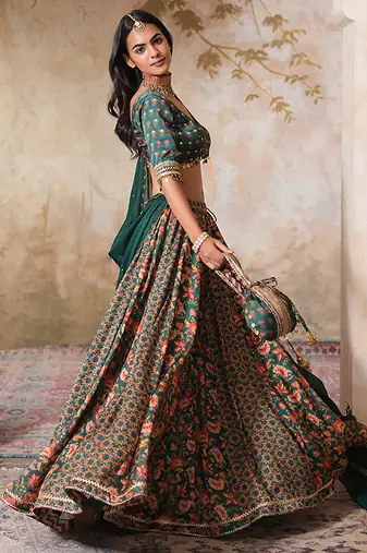 Green Printed Crepe Lehenga With Dupatta