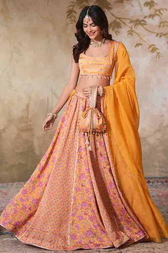 Yellow Printed Crepe Lehenga With Dupatta