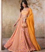 Yellow Printed Crepe Lehenga With Dupatta