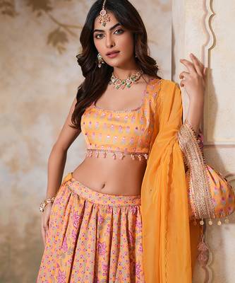 Yellow Printed Crepe Lehenga With Dupatta 2
