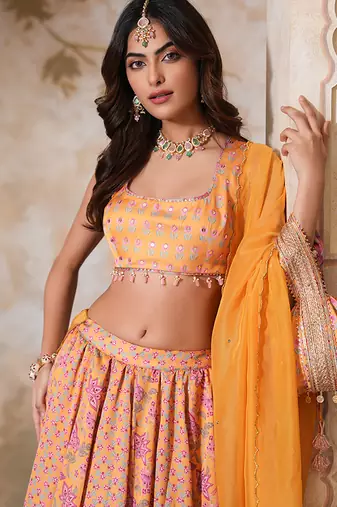 Yellow Printed Crepe Lehenga With Dupatta