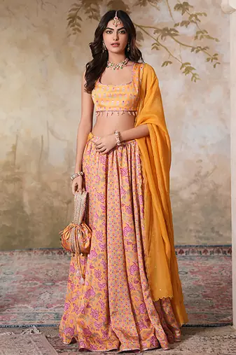Yellow Printed Crepe Lehenga With Dupatta