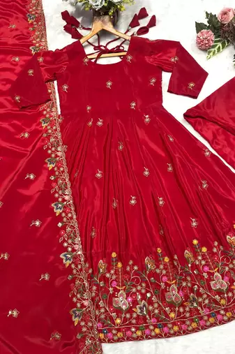 Red silk embroidered Anarkali suit