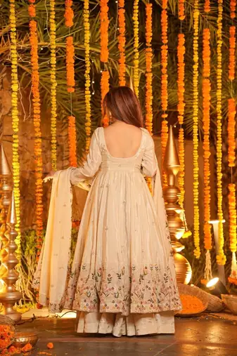 Off white silk embroidered Anarkali suit