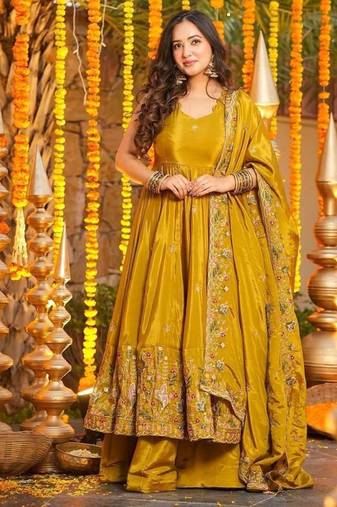 Yellow silk embroidered Anarkali suit