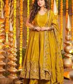 Yellow silk embroidered Anarkali suit