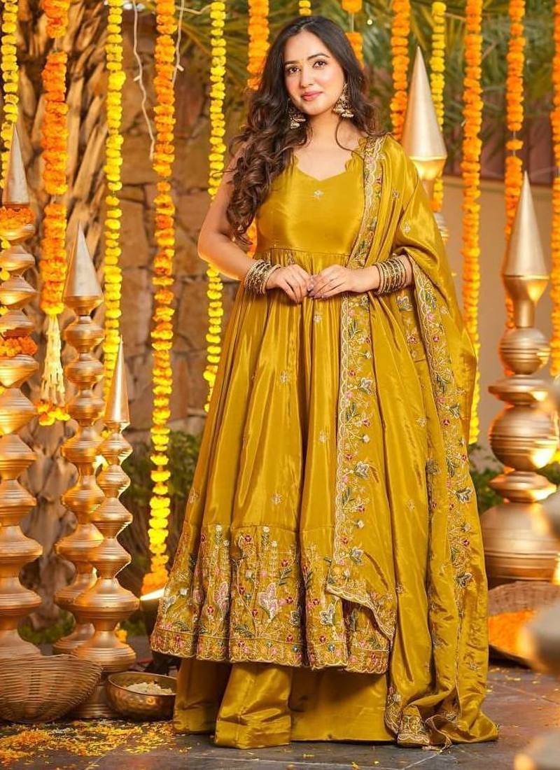 Yellow silk embroidered Anarkali suit