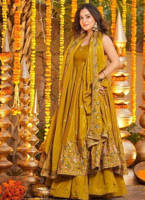 Yellow silk embroidered Anarkali suit 2