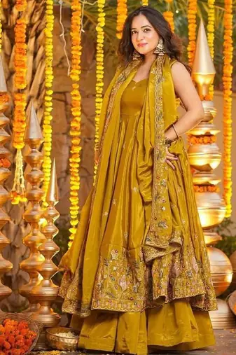 Yellow silk embroidered Anarkali suit