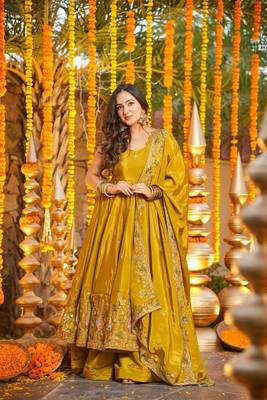 Yellow silk embroidered Anarkali suit 3