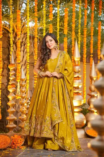 Yellow silk embroidered Anarkali suit