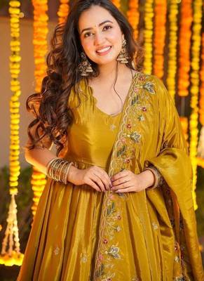 Yellow silk embroidered Anarkali suit 4