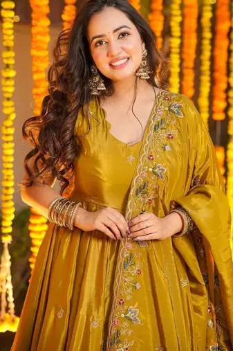 Yellow silk embroidered Anarkali suit