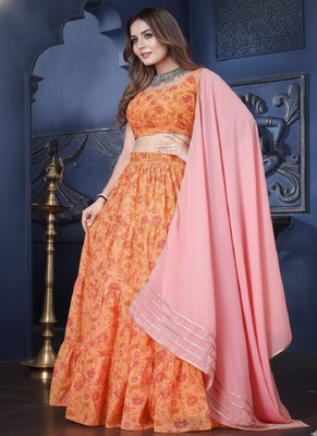 mustard yellow organza printed lehenga set with dupatta 1