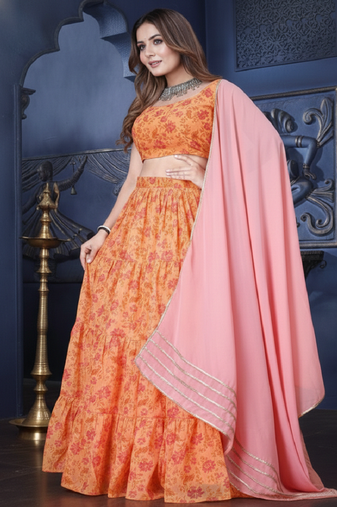 mustard yellow organza printed lehenga set with dupatta