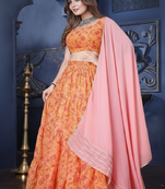 mustard yellow organza printed lehenga set with dupatta