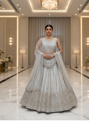 Grey Satin Silk Sequin Embroidered Lehenga Choli set with choli and dupatta 1